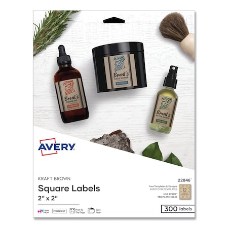 Avery Square Print-to-the-Edge Labels, Inkjet/Laser, 2x2, Kraft Brown, PK300 22846